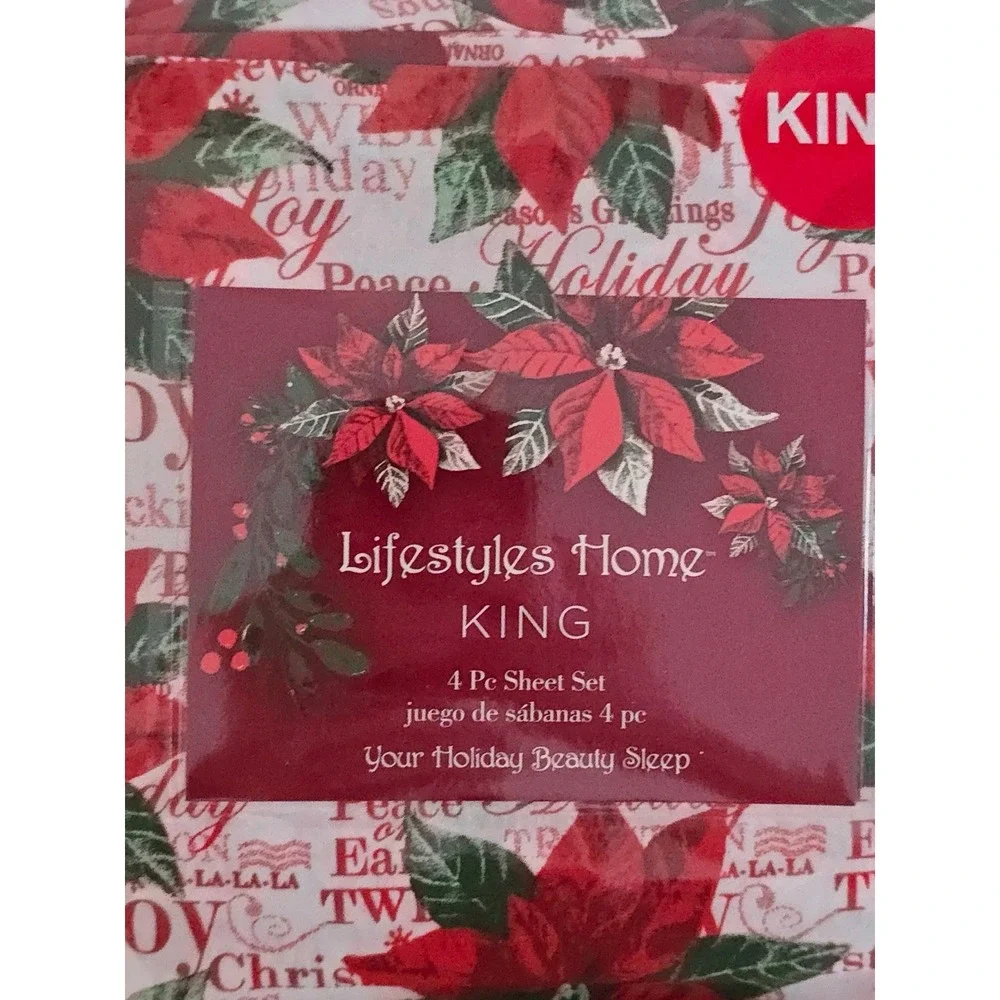 Lifestyles Home King Sheet Set Red White Floral‎ Christmas Holidays 4pc NEW